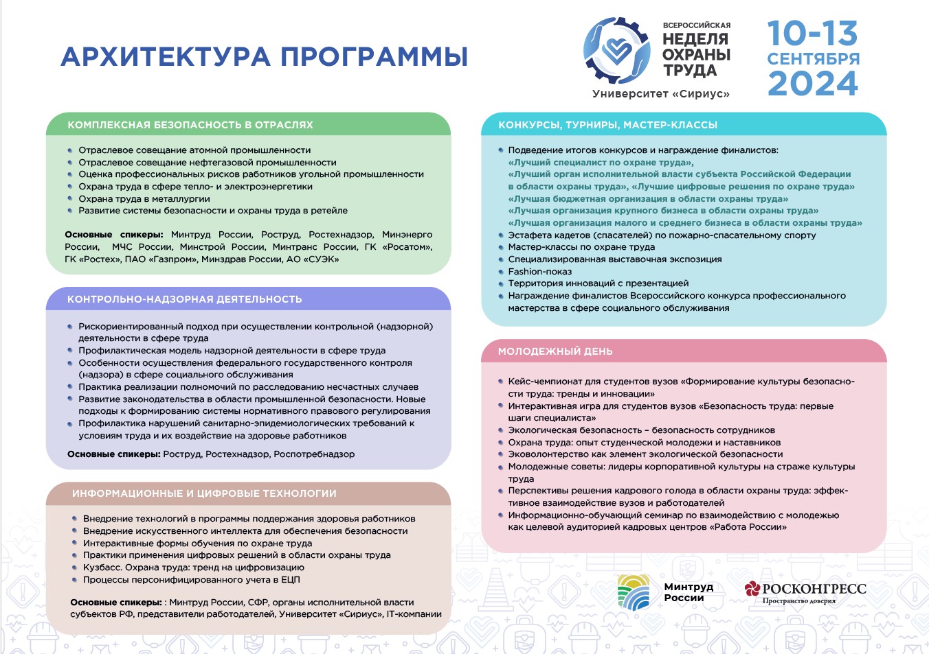 В период с 10 по 13 сентября 2024 года на федеральной территории «Сириус» на площадке Научно-технологического университета «Сириус» в городе Сочи пройдет IX Всероссийская неделя охраны труда